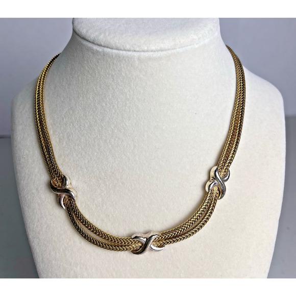 Vintage Double Strand Gold Tone Necklace Lot Avon X & Knot Tie 16-18" Costume - Picture 6 of 13